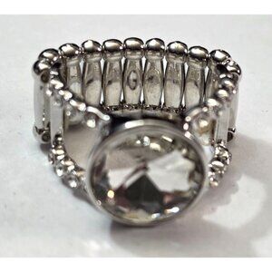 New Silver-Tone Stretch Ring Large Clear Faceted‎ Round Center Stone Rhinestones